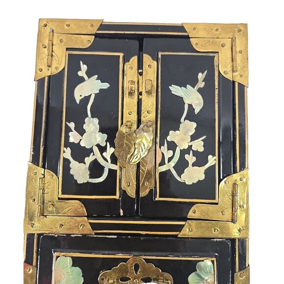 Vintage Asian Lacquer Jewelry Box Chest Brass Mother-of-Pearl Birds Flowers - Picture 15 of 15